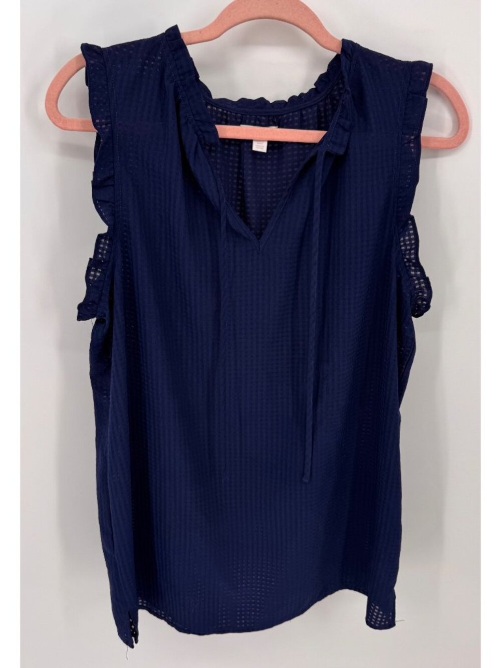 14th & Union Womens Sleeveless Navy Blue Textured Blouse With Ruffle Trim Size M